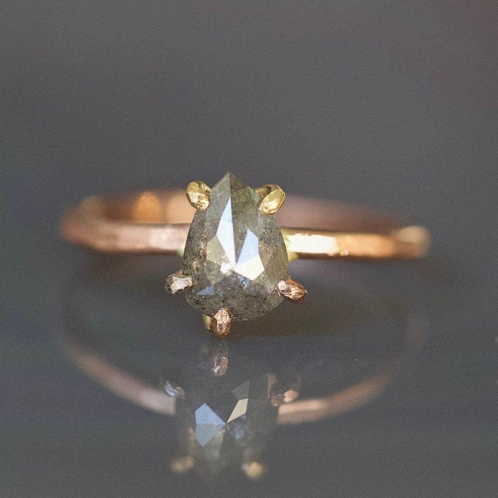 Salt and Pepper 1.06CT Pear Shaped  Rose Cut Diamond Ring on a Rose Gold Band