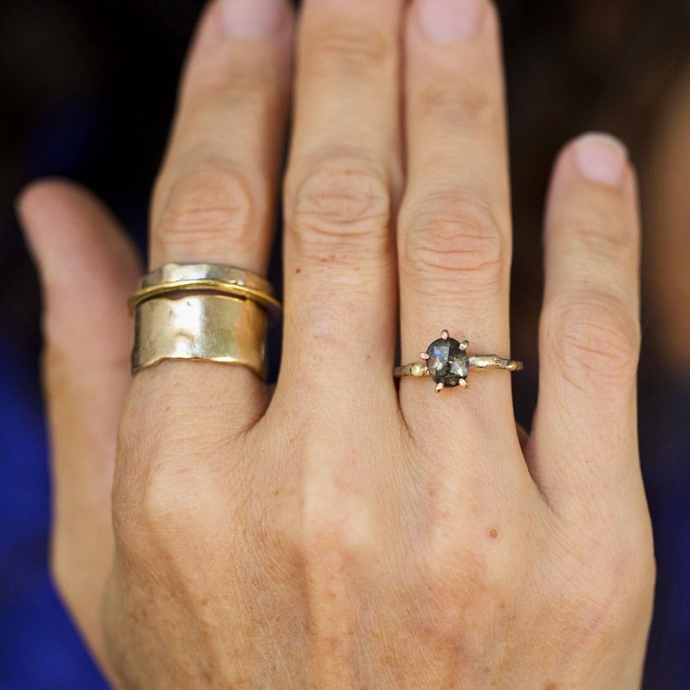 Dark Salt and Pepper 1.11CT Oval Rose Cut  Diamond Ring on a Palladium and Gold Band
