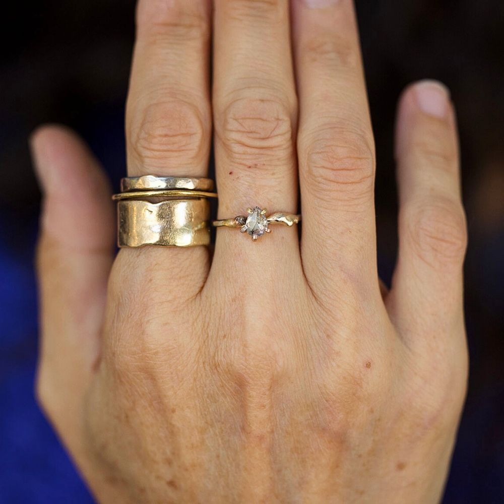 Salt and Pepper 0.62CT Pear Shaped Rose Cut Diamond Ring on a Palladium and Gold Band