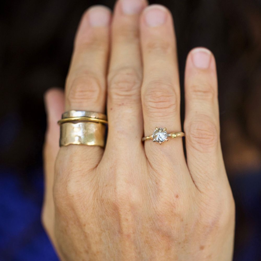 Salt and Pepper 0.99CT Round Rose Cut Diamond Ring on a Palladium and Gold Band
