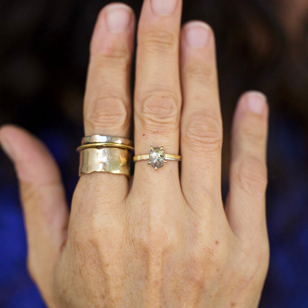 Salt and Pepper 1.01CT Oval  Rose Cut Diamond Ring on a 2MM Gold Skinny Seamed Band