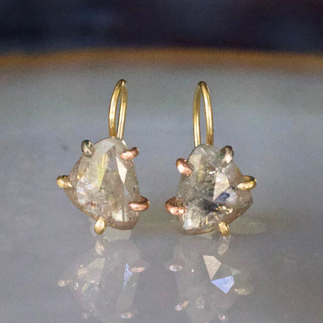Salt and Pepper 3.07 ct Rose Cut Diamond Hook Earrings