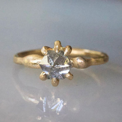 Salt and Pepper Star Shaped 1.15 ct Rose Cut Diamond on a 14k Yellow Gold Band