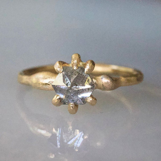 Salt and Pepper Star Shaped 1.15 ct Rose Cut Diamond on a 14k Yellow Gold Band