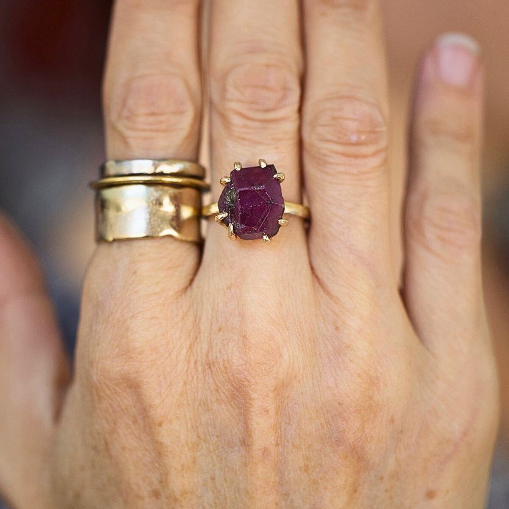 Ruby Medium Stone Ring on our 2MM  Gold Skinny Seamed Band