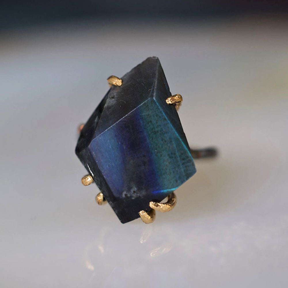 Spectrolite (High quality Labradorite from Finland) Large Stone Ring on a Palladium and Gold Band