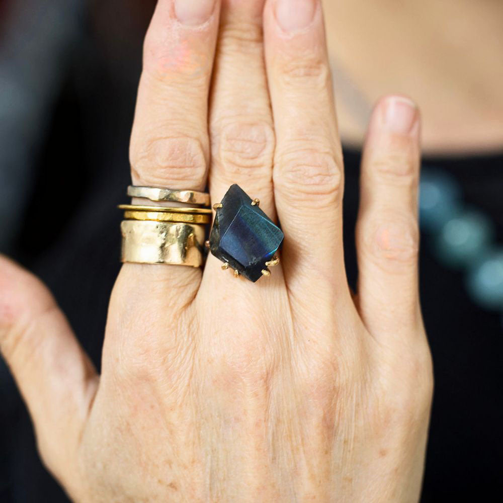 Spectrolite (High quality Labradorite from Finland) Large Stone Ring on a Palladium and Gold Band