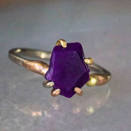 Dark Purple Sugilite Small Stone Ring on a Palladium and Gold Band