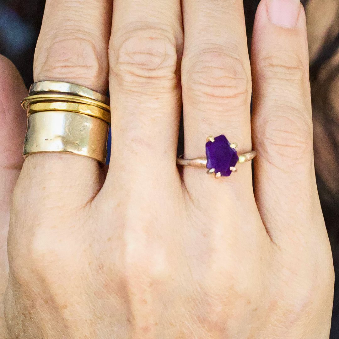 Dark Purple Sugilite Small Stone Ring on a Palladium and Gold Band