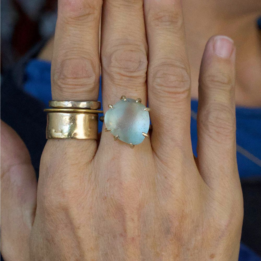 Blue Topaz Medium Stone Ring on a Palladium and Gold Band