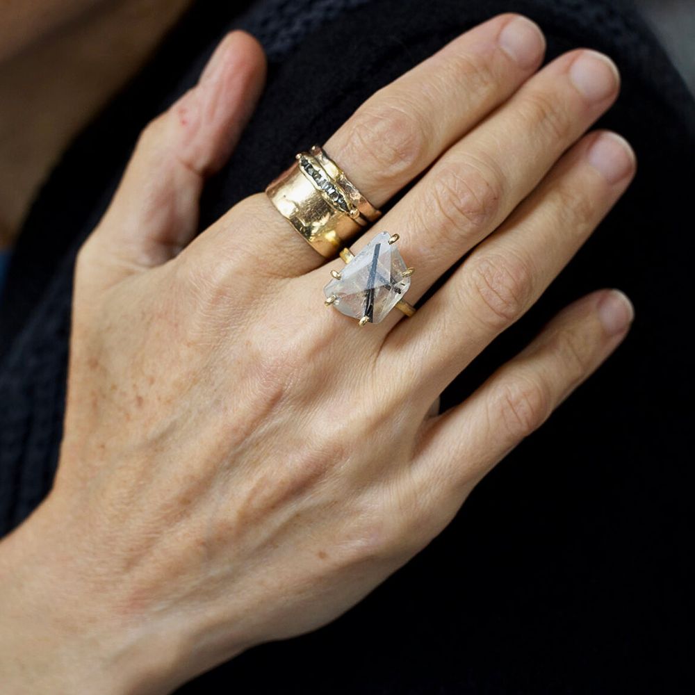 Tourmalated Quartz Large Stone Ring on our 2MM Gold Skinny Seamed Band