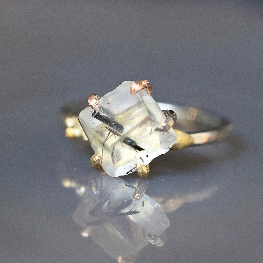 Tourmalated Quartz Small Stone Ring on a Palladium and Gold Band
