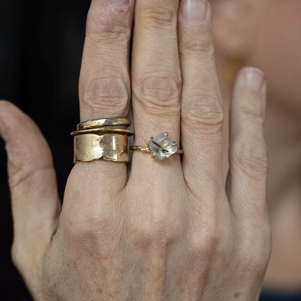 Tourmalated Quartz Small Stone Ring on a Palladium and Gold Band