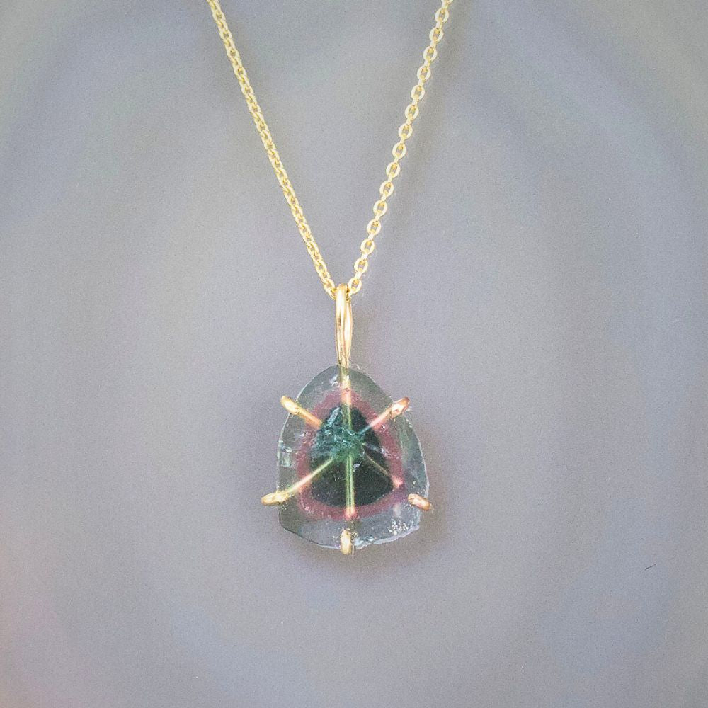 Blue Green Watermelon Tourmaline Medium Stone Pendant with a Yellow Gold Cable Chain