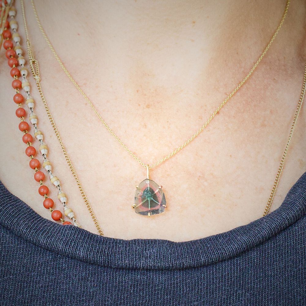 Blue Green Watermelon Tourmaline Medium Stone Pendant with a Yellow Gold Cable Chain