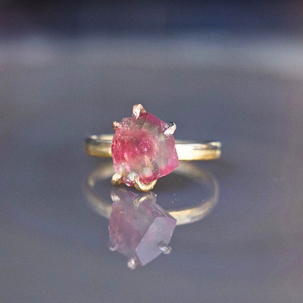 Multi Colored Tourmaline Small Stone Ring on our 2MM Gold Skinny Seamed Band