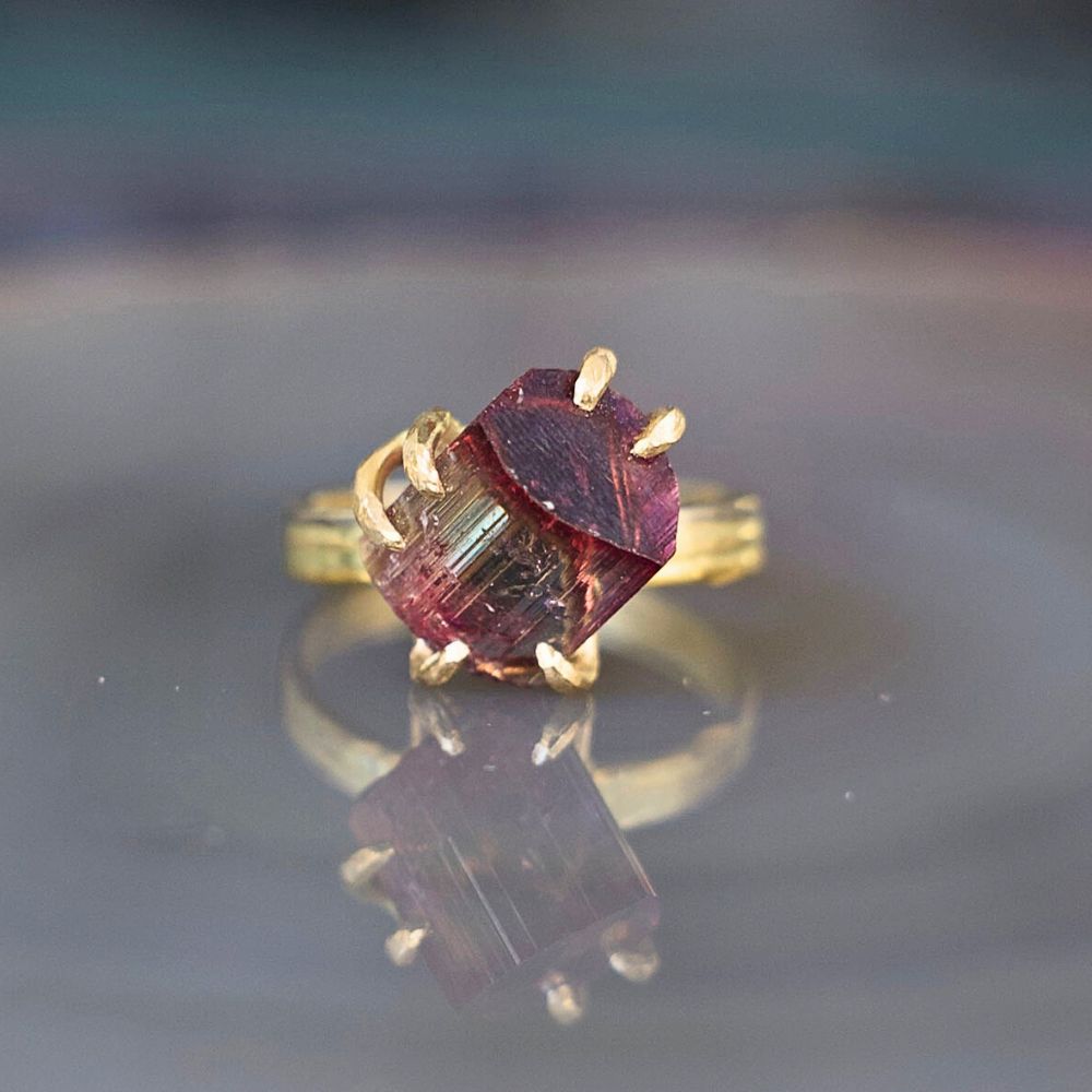 Multi Colored Tourmaline Medium Stone Ring on our 3MM Gold Skinny Seamed Band