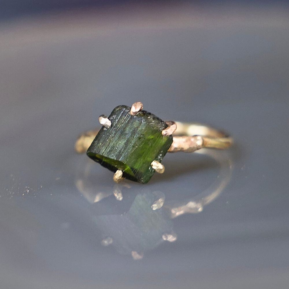 Green Tourmaline Small Stone Ring on a Yellow Gold Band