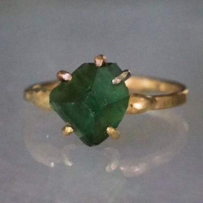 Blue Green Tourmaline Small Stone Ring on a Yellow Gold Embedded Band