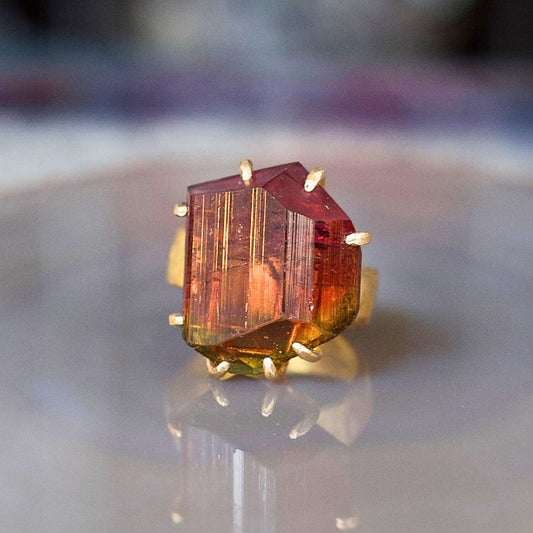 Multi Colored  Exceptional Tourmaline Extra Large Stone Ring on our 6MM Cigar Band