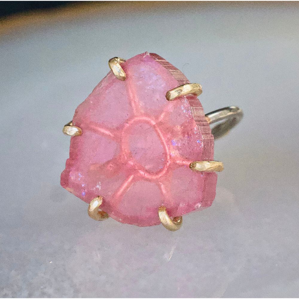 California Pink Tourmaline Large Stone Ring on a Palladium and Gold Band