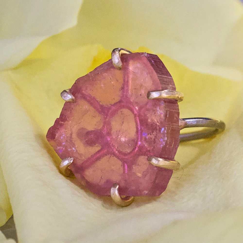 California Pink Tourmaline Large Stone Ring on a Palladium and Gold Band