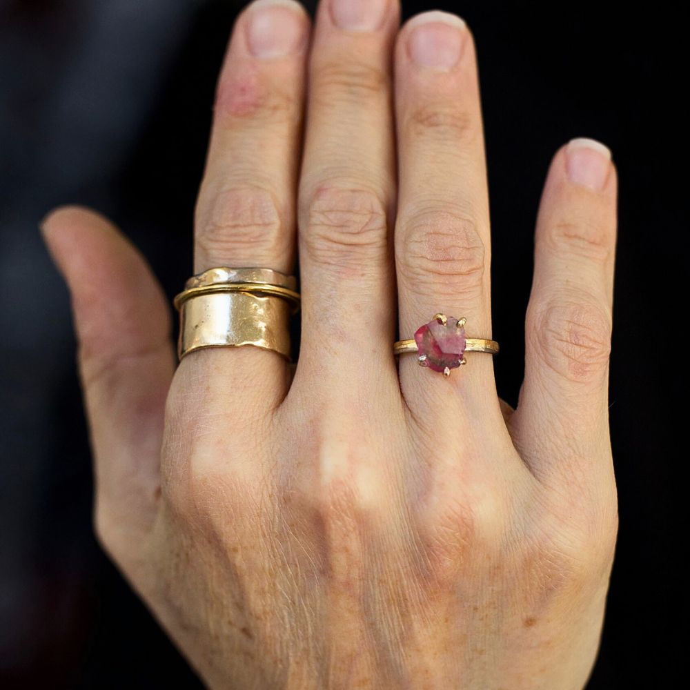 Multi Colored Tourmaline Small Stone Ring on our 2MM Gold Skinny Seamed Band