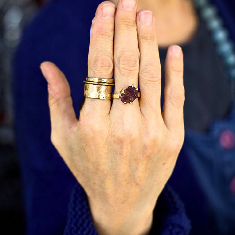 Multi Colored Tourmaline Medium Stone Ring on our 3MM Gold Skinny Seamed Band