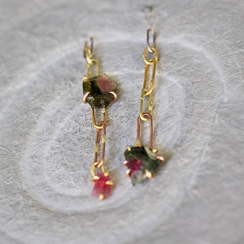 Watermelon Tourmaline and Chain Earring Drops
