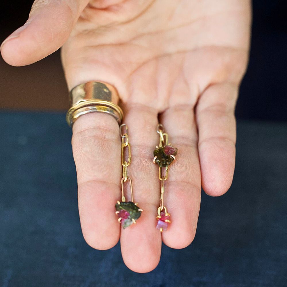 Watermelon Tourmaline and Chain Earring Drops