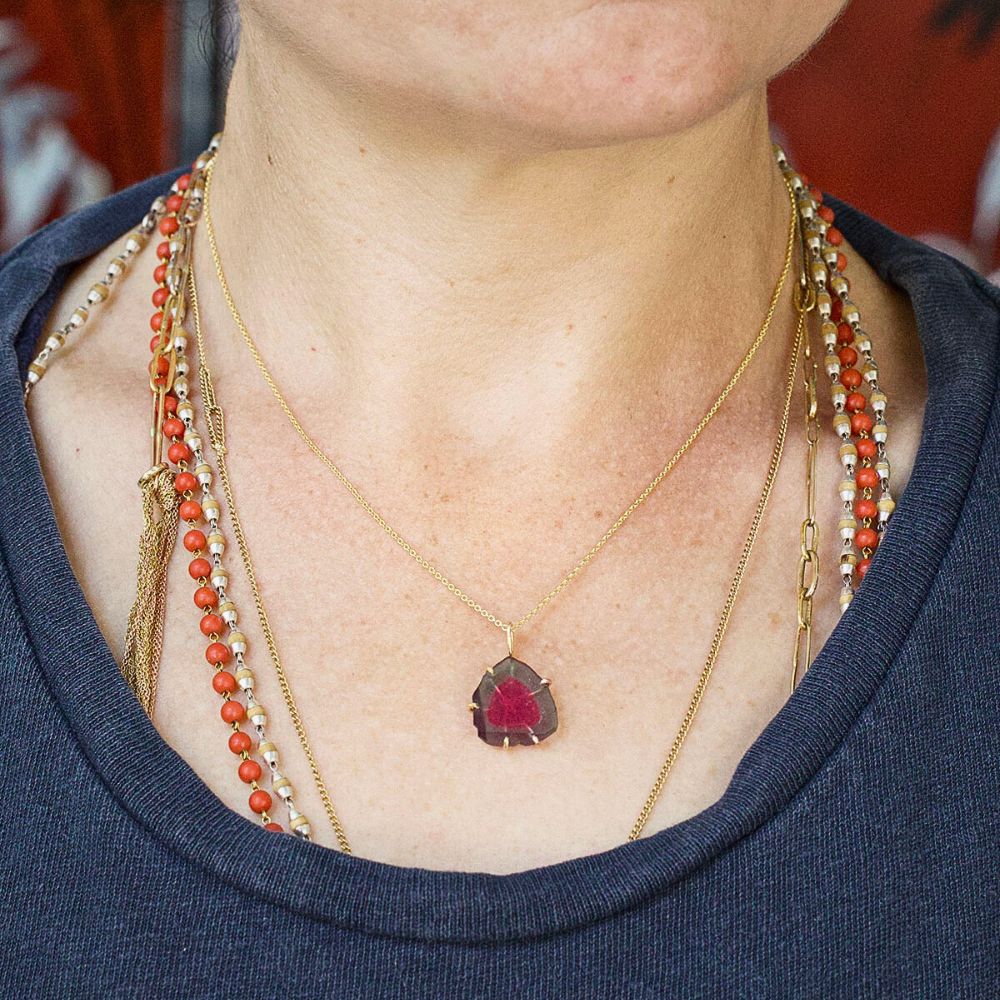 Watermelon Tourmaline Medium Stone Pendant with a Yellow Gold Cable Chain