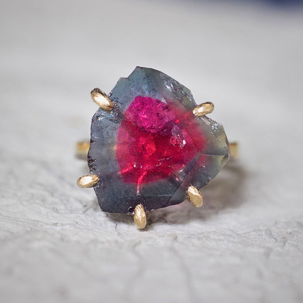 Watermelon Exceptional Tourmaline Large Stone Ring on our 2MM Gold Skinny Seamed Band
