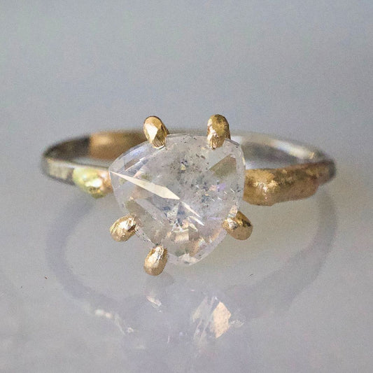 Inverted Trillion Icy White 2.25ct Rose Cut Diamond on a Palladium and Gold Band
