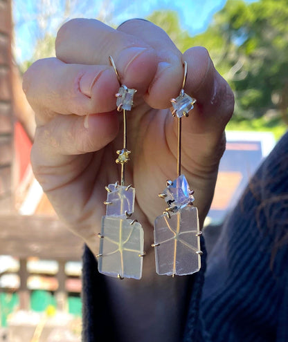 Blue Moonstone, aquamarine and diamond day to night earrings