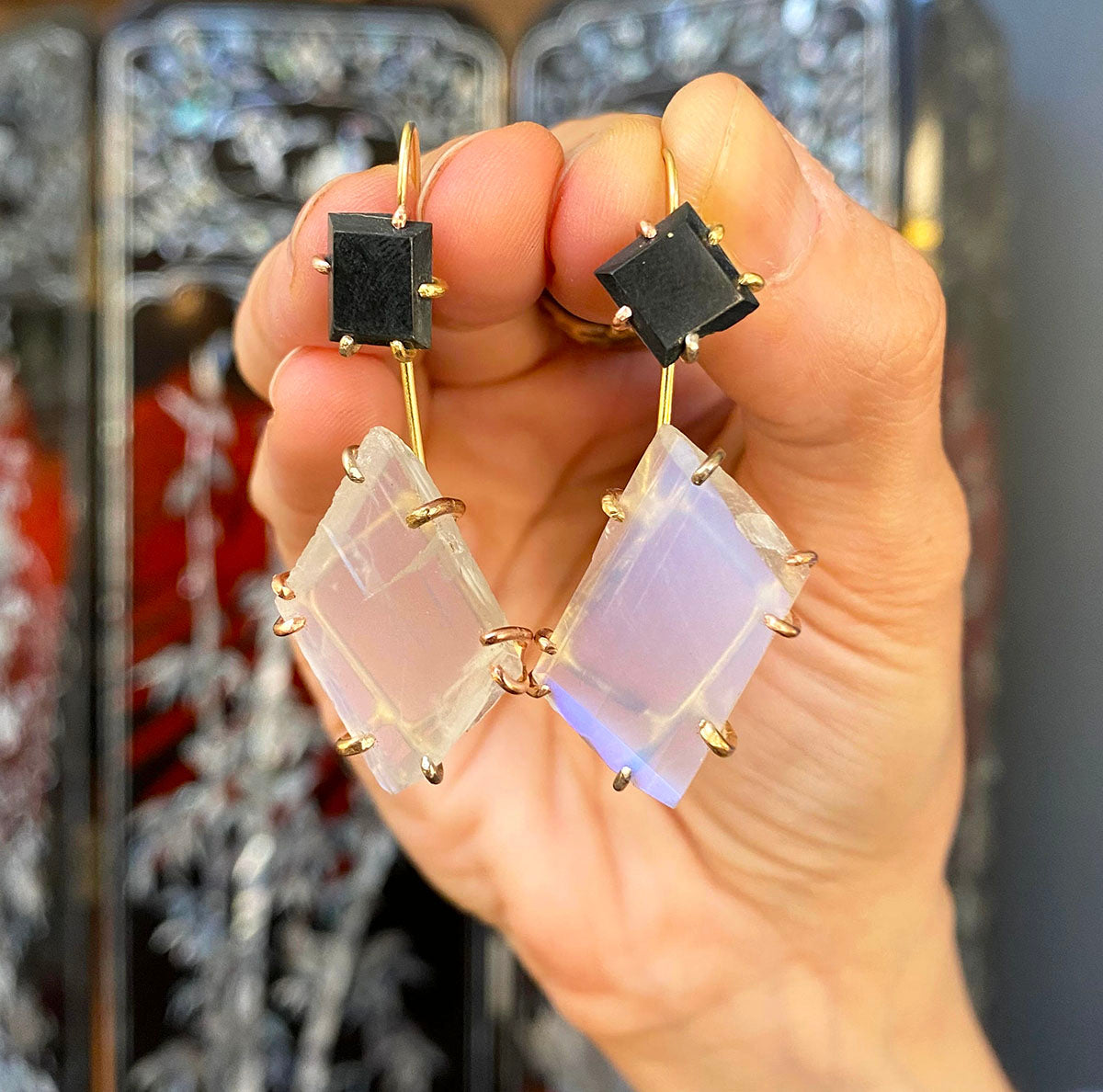 Blue Moonstone and black jade day to night earrings