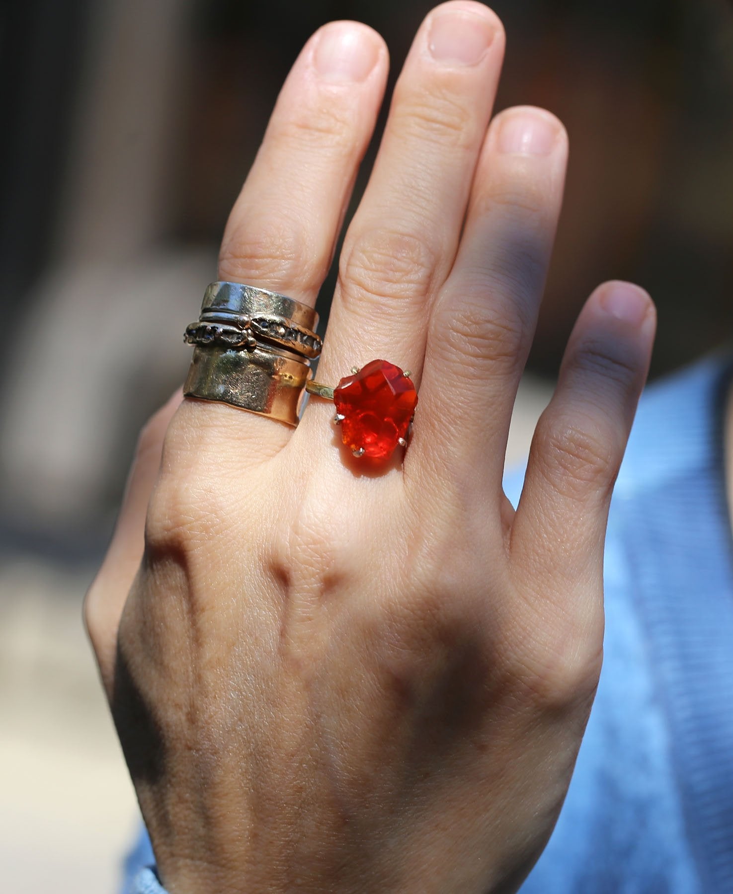 Mexican Fire Opal ring on hand