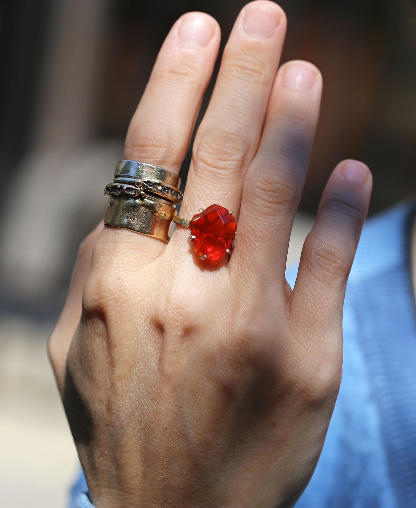 Mexican Fire Opal ring on hand