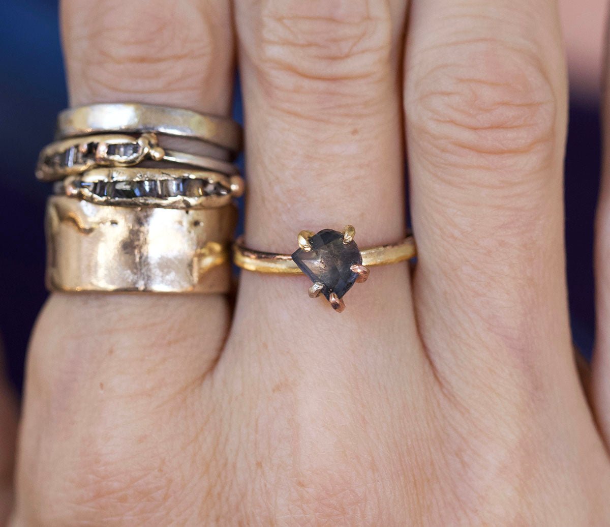 Tourmaline Small Stone Ring on our Gold Skinny Seamed Band